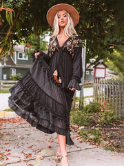 Embroidered V Neck Long Boho Dress Black / S