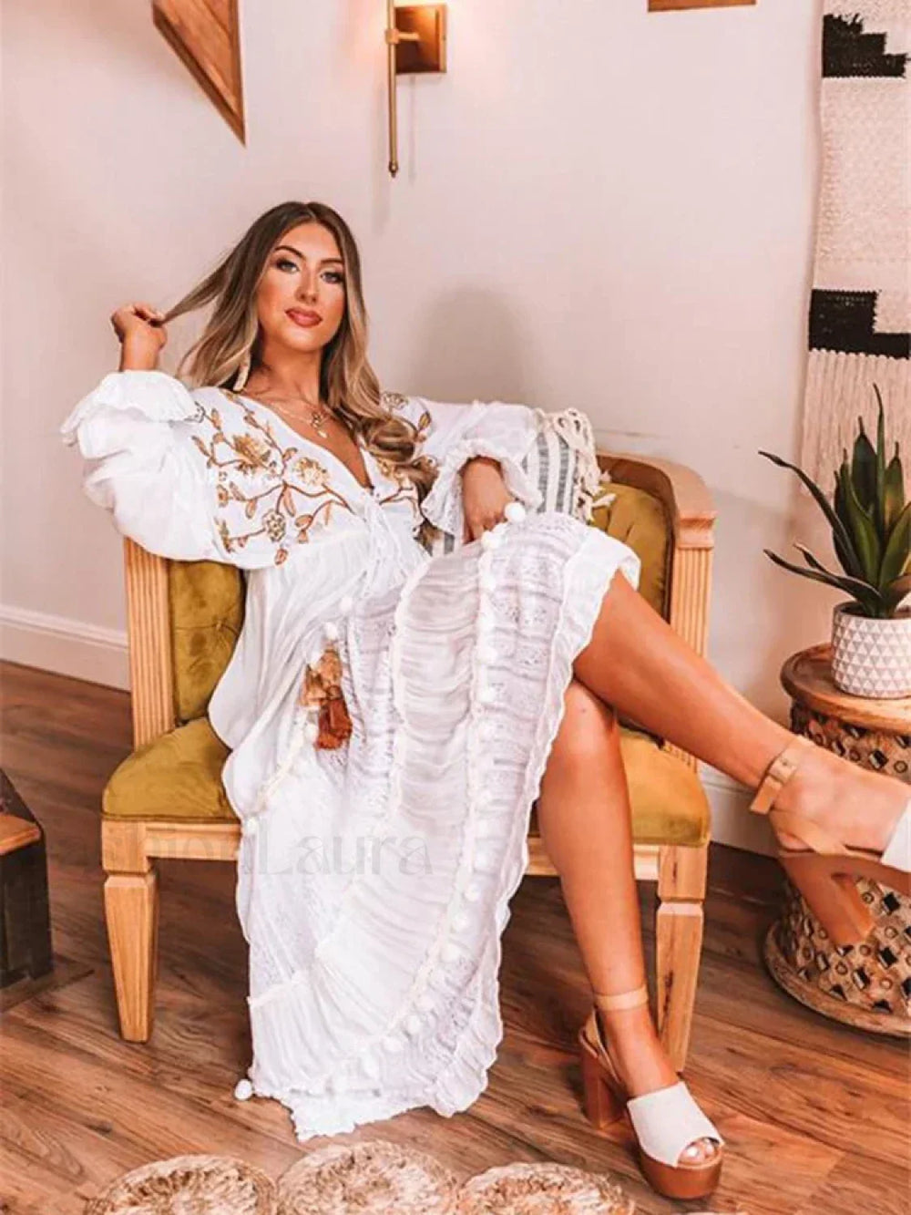 Embroidered V Neck Long Boho Dress WHITE / S