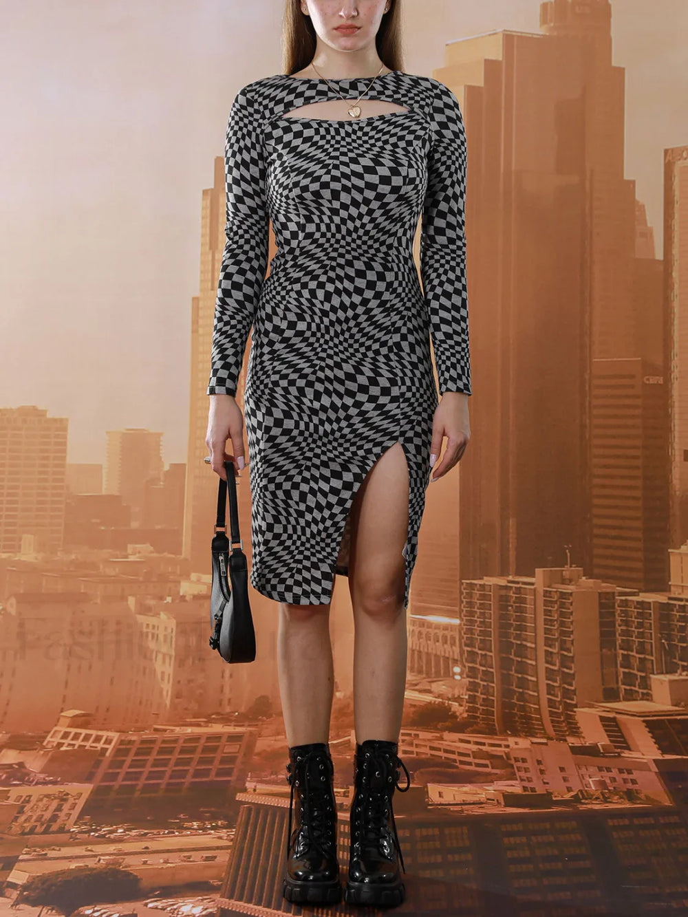 EMMIOL Cutout Long Sleeve Checkered Midi Dress Black / S Midi Dresses