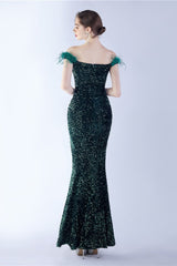 Velvet Sequin Ostrich Feather Off Shoulder Formal Dress S / Green
