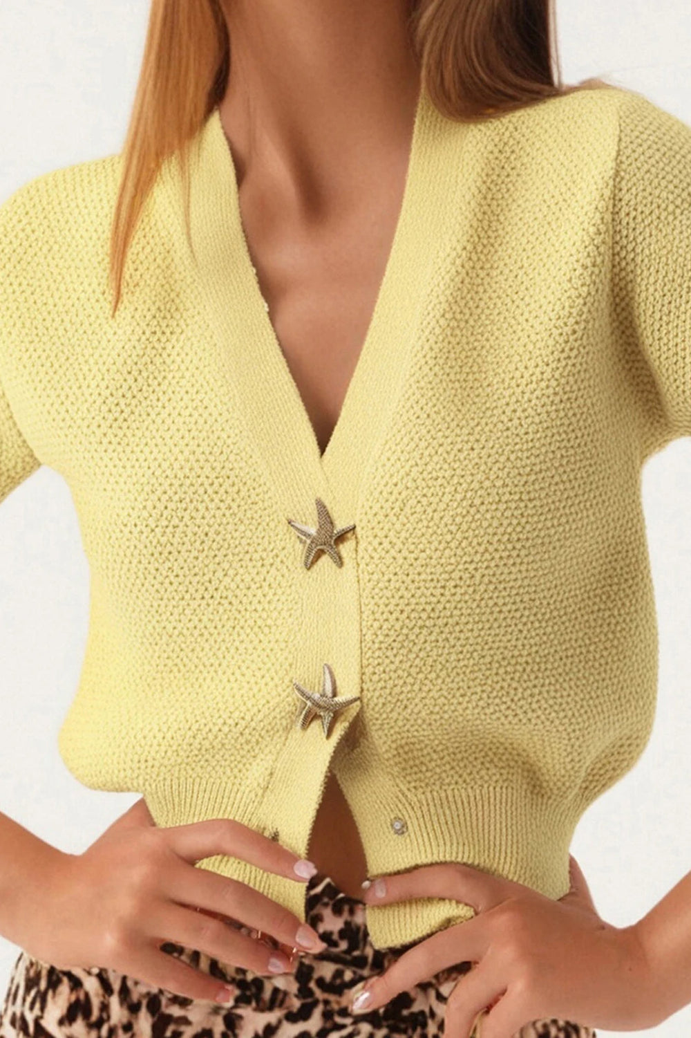 Short Sleeve Starfish Button Knit Cardigan S / Yellow