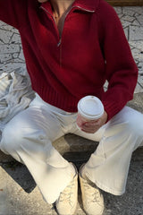 Solid Color Notched Collar Relaxed Knit Sweater