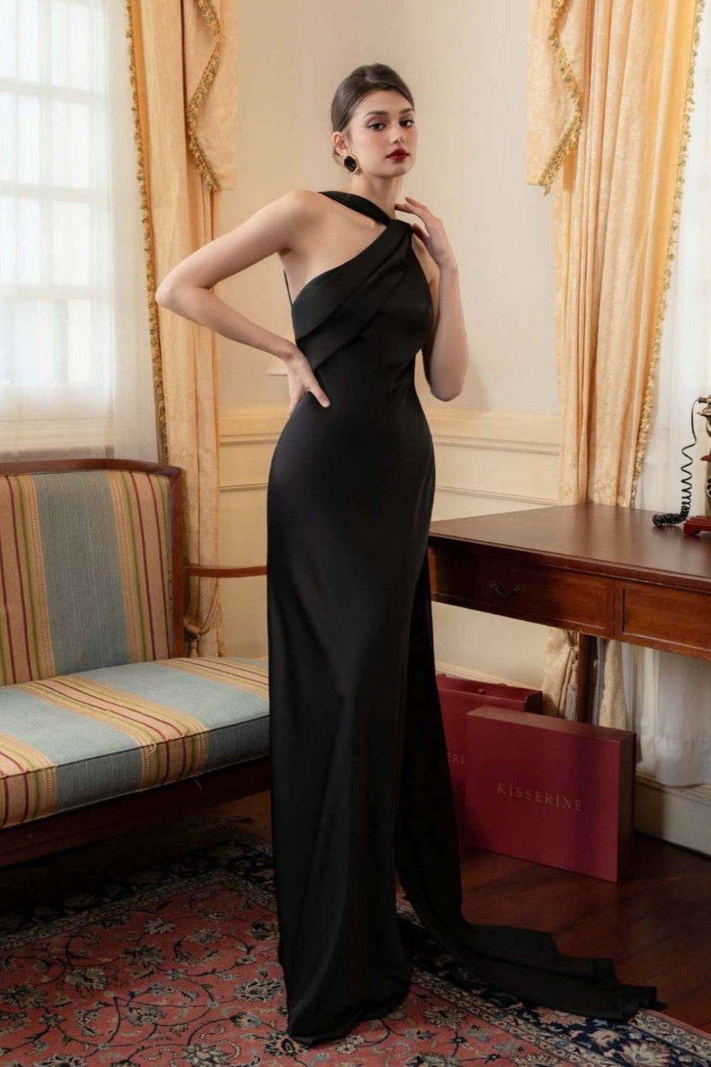 Elegant Satin Slant Neck Sheath Formal Dress