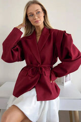V-Neck Belted Shoulder Pad Blazer