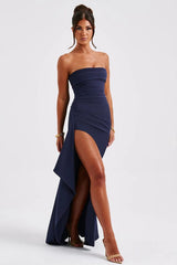 Strapless High Slit Maxi Party Dress S / Navy blue