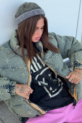 Vintage Washed Cross Embroidery Puffer Jacket