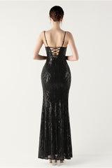 Sequin V Neck Cross Strap Mermaid Maxi Dress Black / S