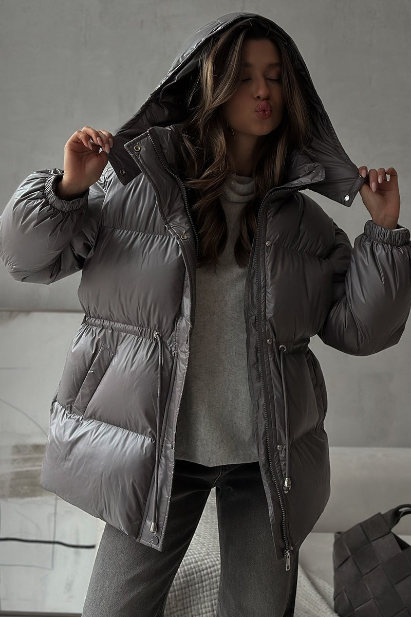 Adjustable Drawstring Hooded Puffer Jacket S / Grey