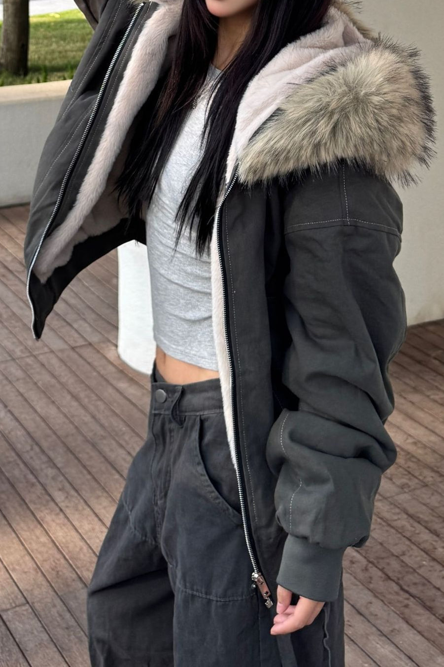 Black Short Puffer Fur Collar Jacket