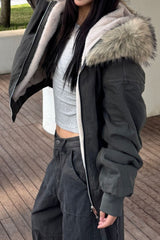 Black Short Puffer Fur Collar Jacket