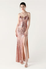 Sequin V Neck Cross Strap Mermaid Maxi Dress Pink / S