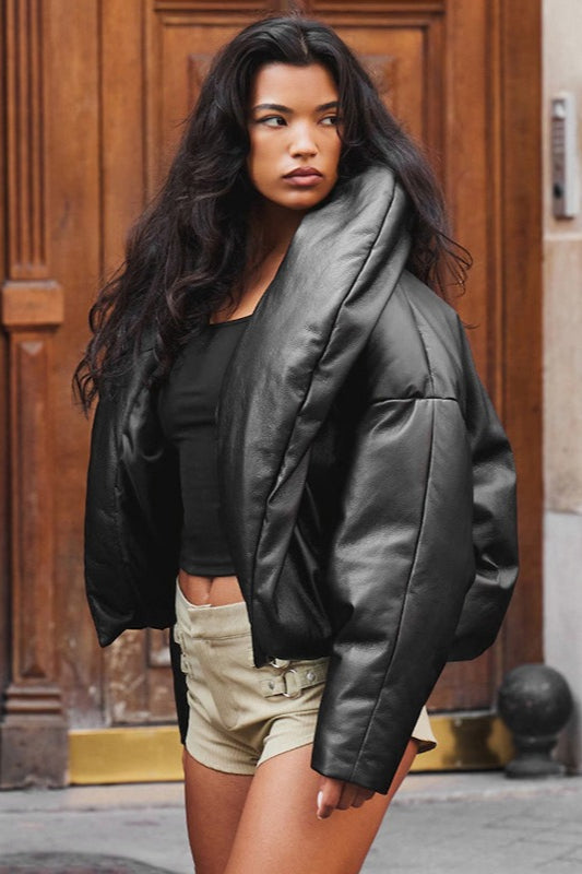 Faux Leather Stand Collar Cropped Puffer Jacket S / Black