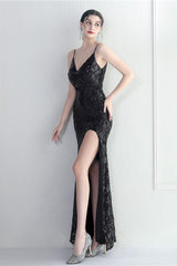 Iridescent Sequin Slit Bodycon Maxi Dress Black / S