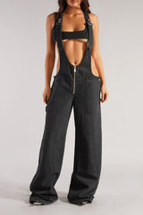 Low Rise Wide Leg Overall Jeans Black / S