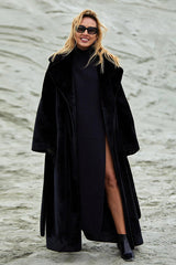 Long Notched Lapel Belted Rabbit Faux Fur Overcoat