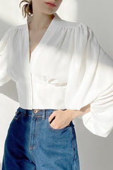V Neck Lantern Sleeve Slim Blouse