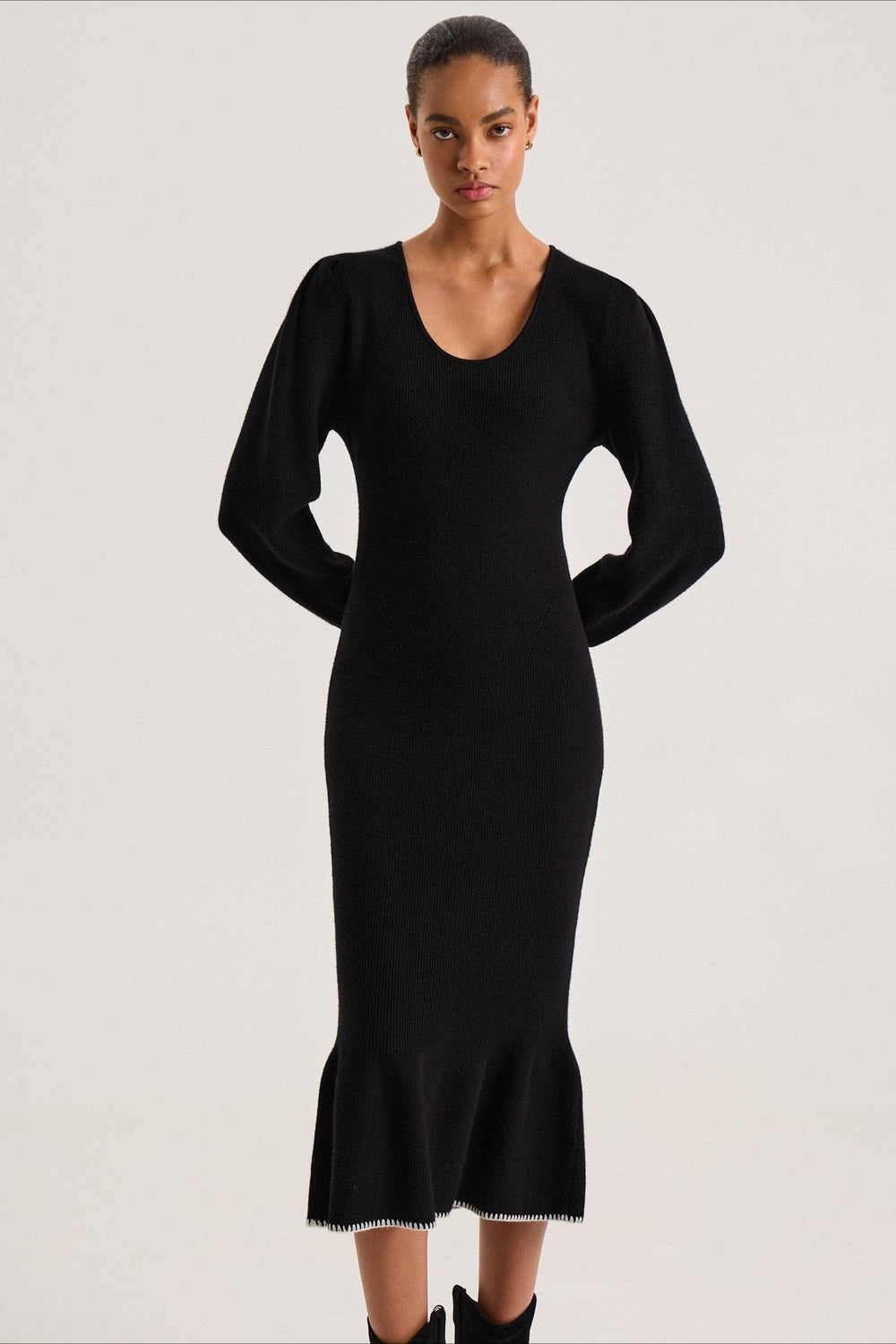 Contrast Trim Ruffle Sweater Dress