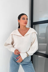 Lantern Sleeve Open Collar Knit Sweater White / S