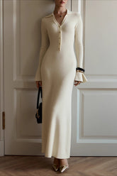 Elegant Collared Knit Sweater Dress S / White