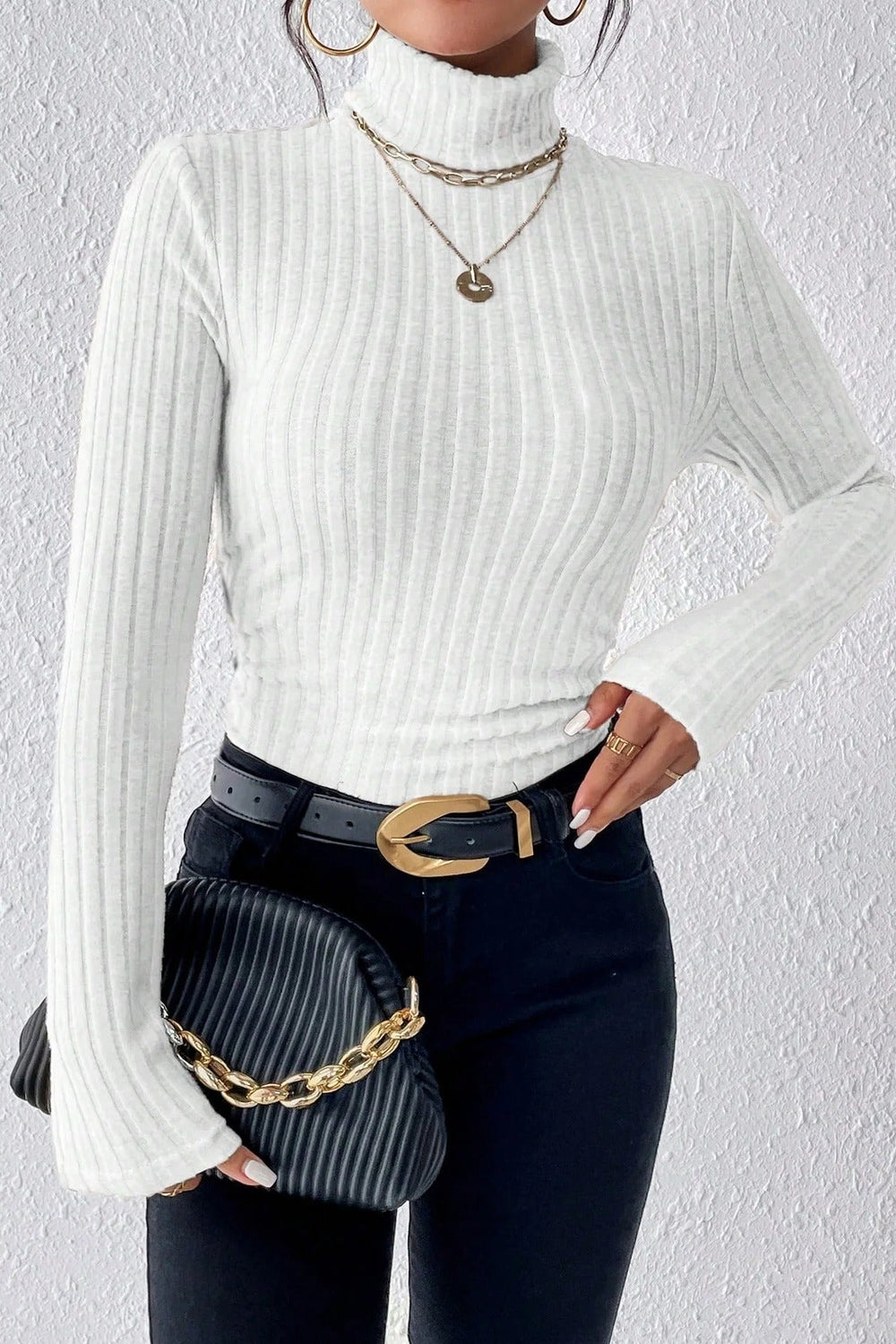 Fitted Long Sleeve Mock Neck Sweater White / S