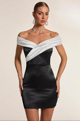 Black White Off Shoulder Party Dress S / Black