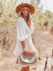Lace V Neck Ruffle Mini Boho Dress