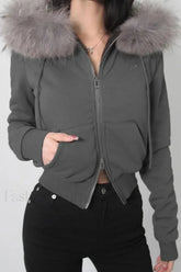 Fairy Fur Patchwork Double Zipper Hoodie Grey / S