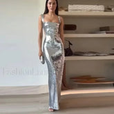Fashion Sexy Sling Backless Silvery Women High Waist Bodycon Sleeveless Evening Party Maxi Dress