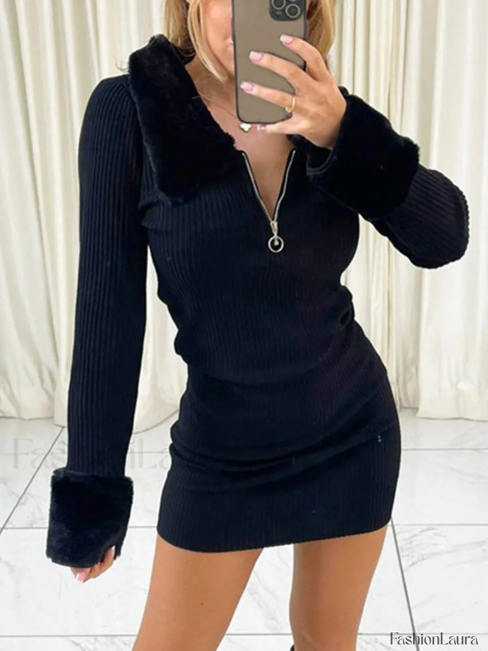 Faux Fur Trim Ribbed Long Sleeve Mini Dress Black / S Mini Dresses