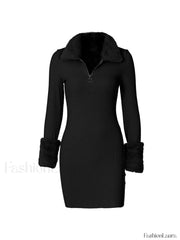 Faux Fur Trim Ribbed Long Sleeve Mini Dress Mini Dresses
