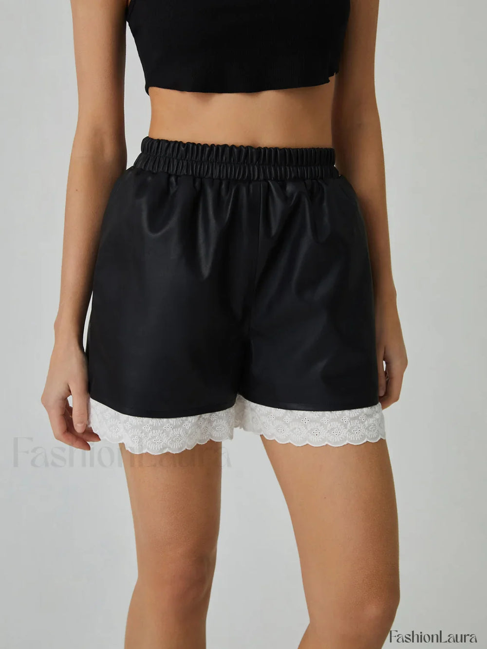 Faux Leather Graceful Lace Patchwork Shorts Shorts