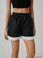 Faux Leather Graceful Lace Patchwork Shorts Shorts