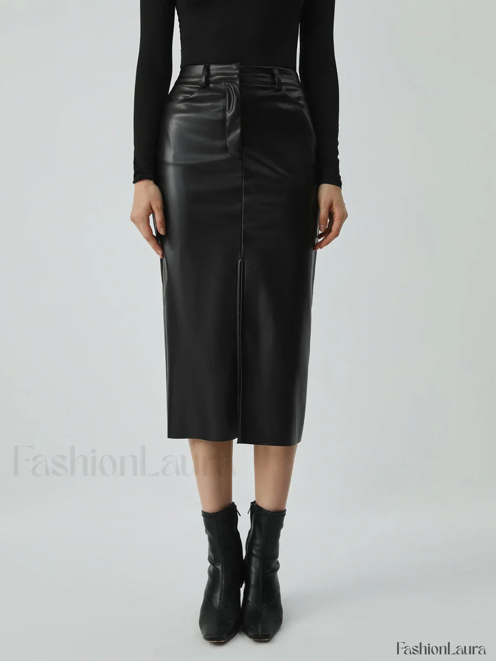 Faux Leather Graceful Pockets Midi Skirt Black / XS Skirts