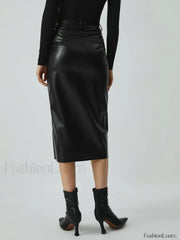 Faux Leather Graceful Pockets Midi Skirt Skirts