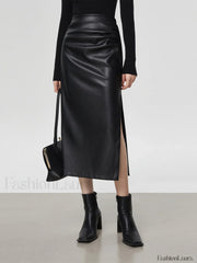 Faux Leather Ruched Trendy Slit Midi Skirt Black / XS Skirts