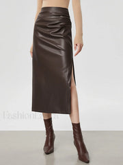 Faux Leather Ruched Trendy Slit Midi Skirt Dark Brown / XS Skirts