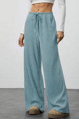Draped Drawstring Wide Leg Knit Pants
