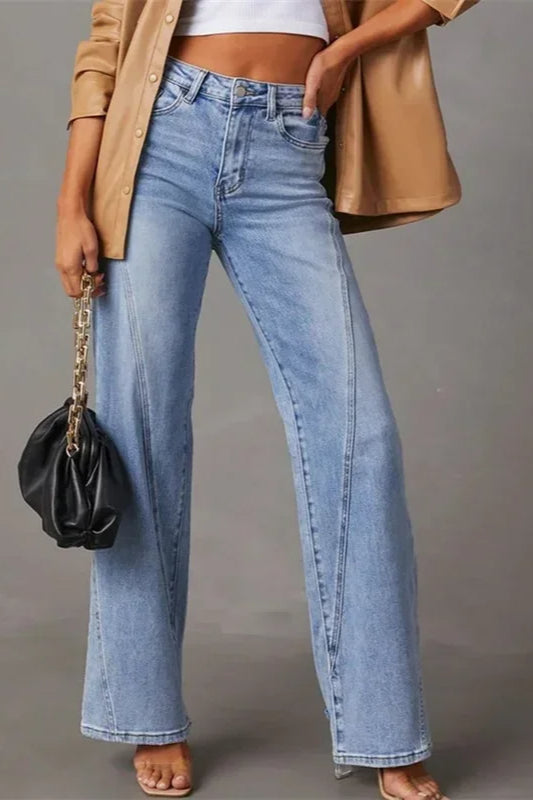 Loose Patchwork Wide Leg Jeans Denim Blue / S