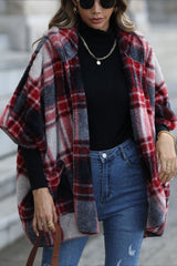 Fuzzy Plaid Hooded Short Sleeve Coat coats