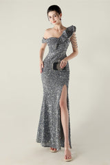 Draped One Shoulder Ruffle Formal Dress