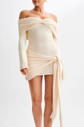 Off Shoulder Tie Knit Sweater Dress