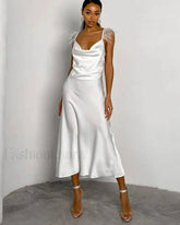 Feather Satin Strap Midi Dress WHITE / S