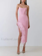 Feather Strapless Bandage Midi Dress
