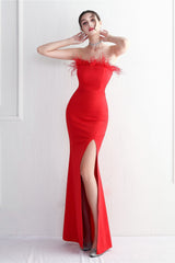 Elegant Feather Trim Strapless Formal Dress