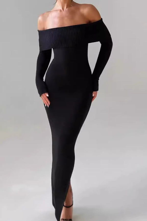 Off Shoulder Ribbed Sweater Dress S / Black