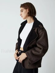 Fleece Lined Shearling Trendy Leather Flight Jacket Brown / XS Fleece Jackets