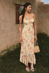 Floral Backless Strappy Maxi Dress French Maxi Dress Yellow / S