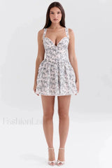 Floral Deep V Strappy Corset Printed Mini Dress