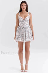 Floral Deep V Strappy Corset Printed Mini Dress