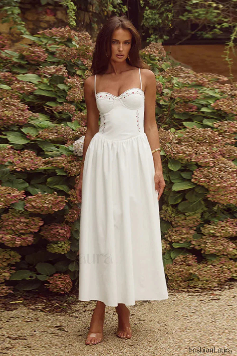 Floral Embroidered Waist A Line Strappy Maxi Dress